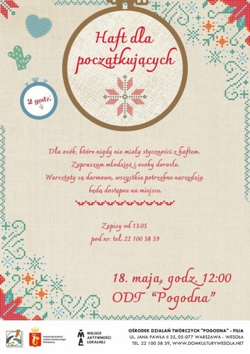 Plakat Warsztaty Haftu dla Początkujących: Darmowe Zajęcia w Wesołej