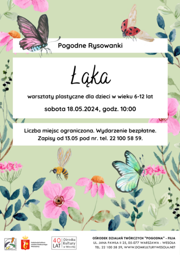 Plakat Warsztaty plastyczne dla dzieci: "Łąka" z cyklu Pogodne Rysowanki w ODT Pogodna