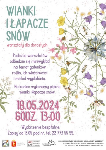 Plakat Warsztaty Wyplatania Wianków i Łapaczy Snów dla Dorosłych w Wesołej