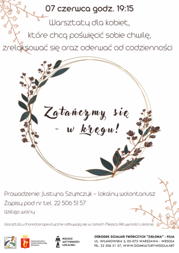 Plakat Warsztaty „Zatańczmy się – w kręgu!” w Ośrodku Działań Twórczych „Zielona”