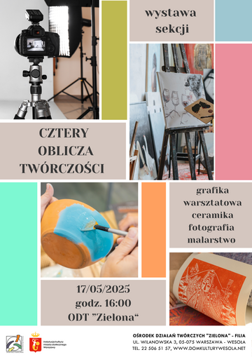 Plakat Wernisaż wystawy „Cztery Oblicza Twórczości” – prace uczestników sekcji ODT Zielona