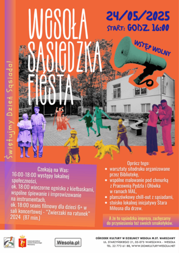 Plakat Wesoła Sąsiedzka Fiesta – muzyka, ognisko i atrakcje dla mieszkańców